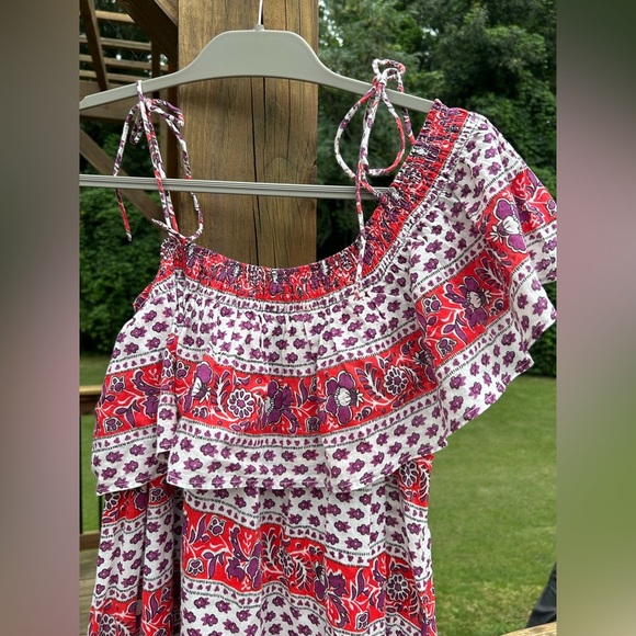 Antik Batik block print ruffle Bohemian One-Shoulder high low Dress - Picture 5 of 8